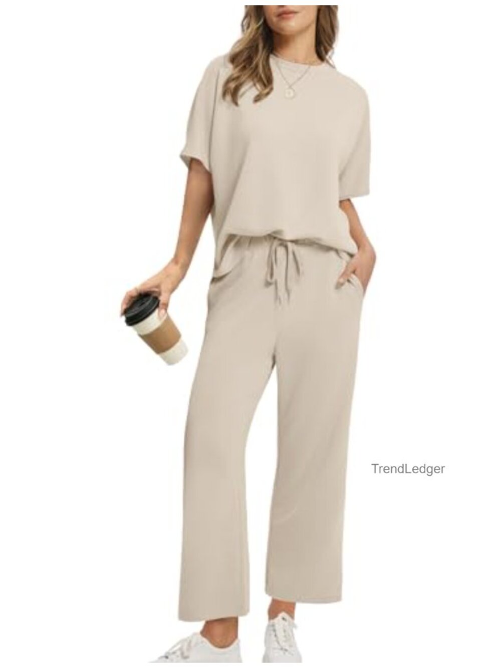 Sampeel Two Piece Set Wide Leg Crop Pants Lounge Set Short Sleeve Travel